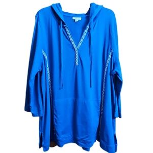 J. JILL Womens Embroidered Hooded Pullover Sweater Sweatshirt Top Blue White 2X
